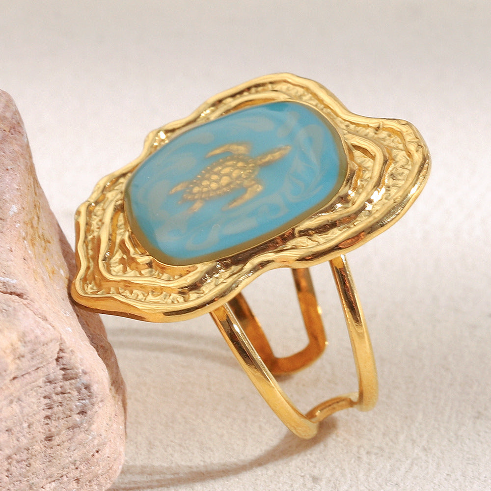 Anello da donna minimalista a forma di tartaruga in acciaio inossidabile placcato oro 18K e finitura smaltata