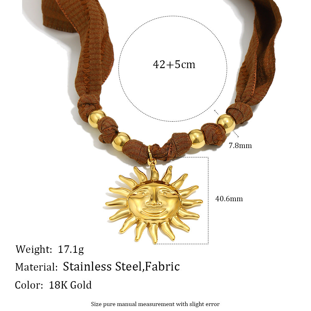 Luxury Geometric Stainless Steel Gold Plated Sun Face Pendant Necklace for Women