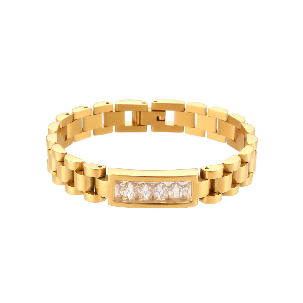 Fashionable Geometric Stainless Steel Plated Bracelet with Zirconia Accents for Women Adjustable Watch Band Jewelry