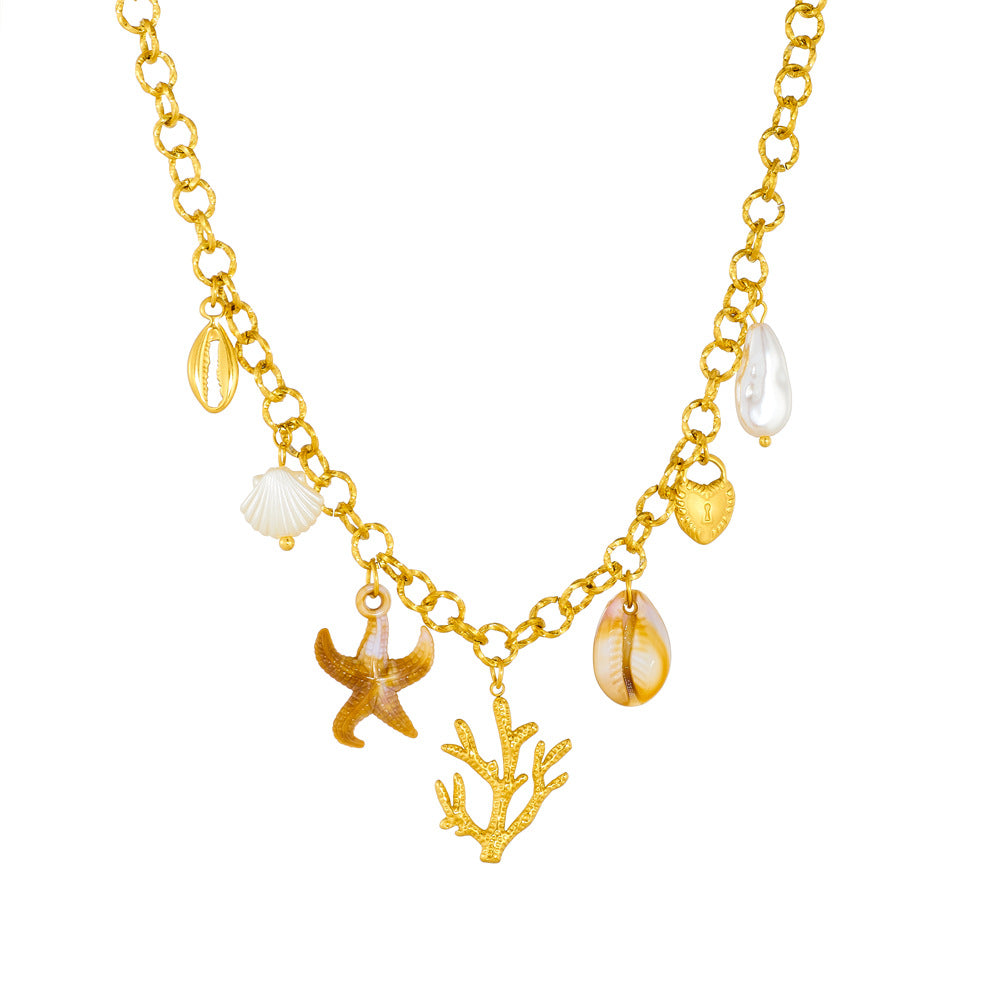 Collana con Pendente Vintage da Donna a Stella Marina e Alghe Ispirata all'Oceano, in Acciaio Inox con Finitura Placcata e Catena a O