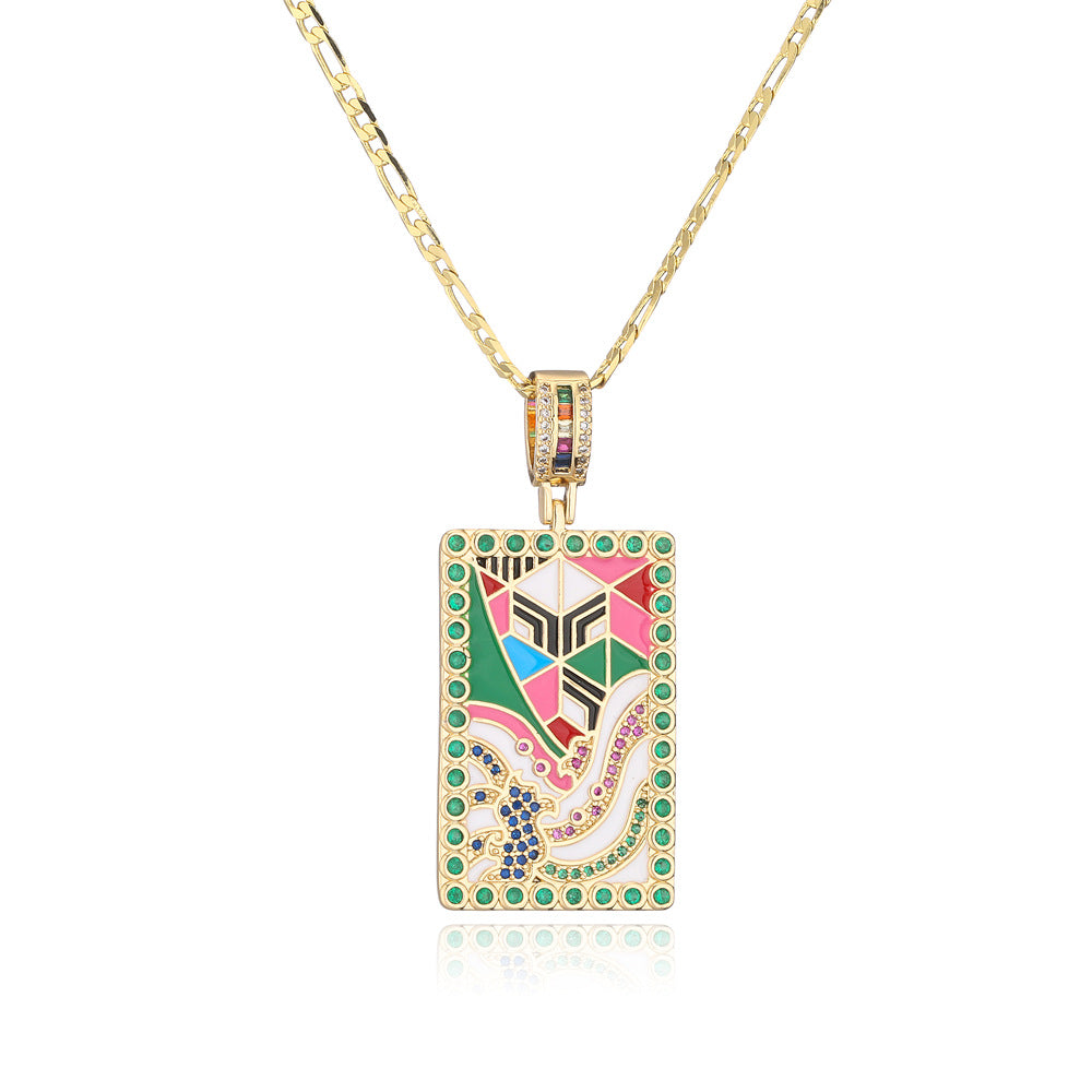 Collana con ciondolo geometrico in smalto dipinto a olio da donna in rame placcato oro 18 carati e intarsi in zirconi