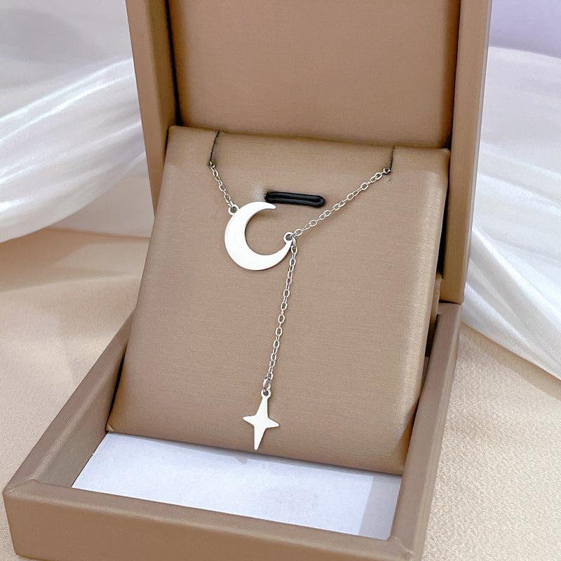 Minimalist Titanium Steel Star and Moon Pendant Necklace with Geometric Flowing Tassels for Women Fashionable Clavicle Chain