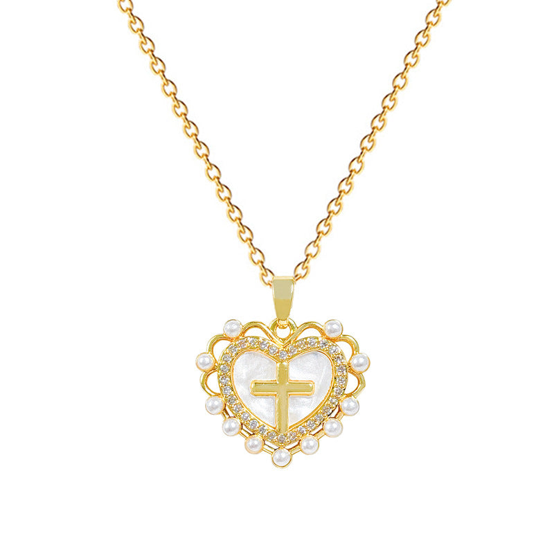 Minimalist Heart Cross Pendant Necklace in Titanium Steel with Rhinestone Inlay for Women