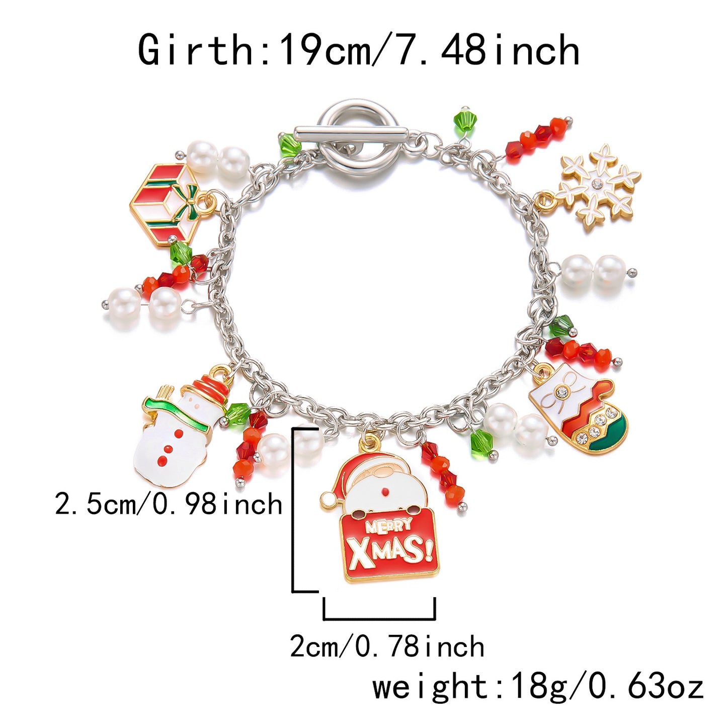 Pulsera navideña de moda para mujer con motivos de Papá Noel y copos de nieve, construcción de aleación, acabado esmaltado, cierre de broche de palanca
