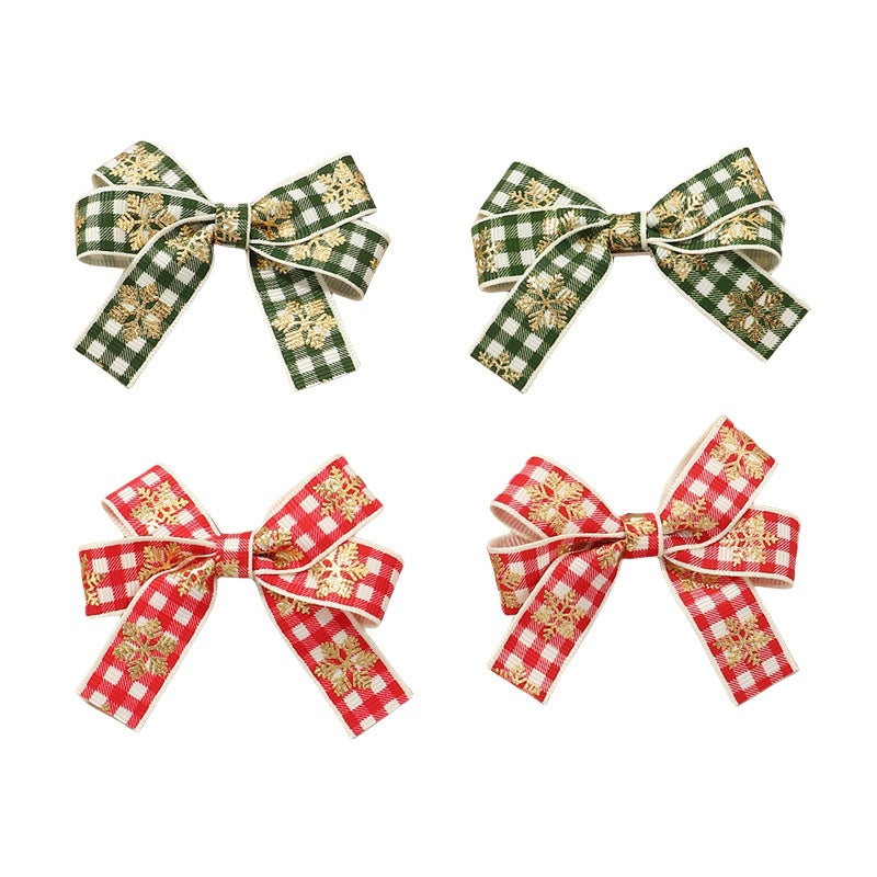 Set de pinzas para el pelo con temática navideña para niñas, construcción de tela en forma de lazo, estampado a cuadros rojos y verdes y copos de nieve, diseño fresco y minimalista