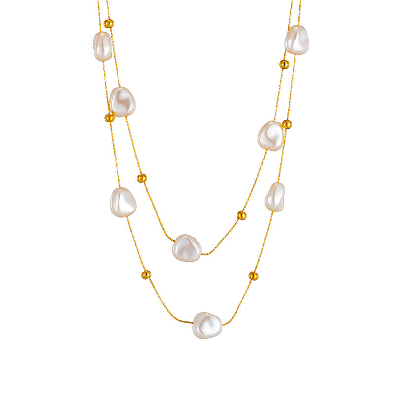 Collana Pendente Asimmetrica Geometria Stile Barocco Vintage in Acciaio al Titanio con Intarsio in Madreperla e Placcatura Oro