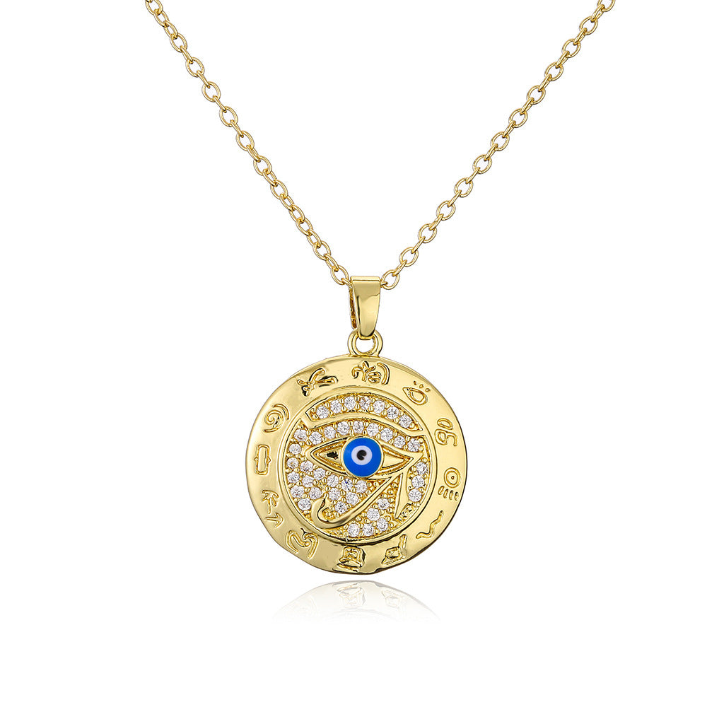 Vintage Evil Eye Pendant Necklace for Women with Copper Base Plated in 18K Gold and Enamel Finish Geometric Design