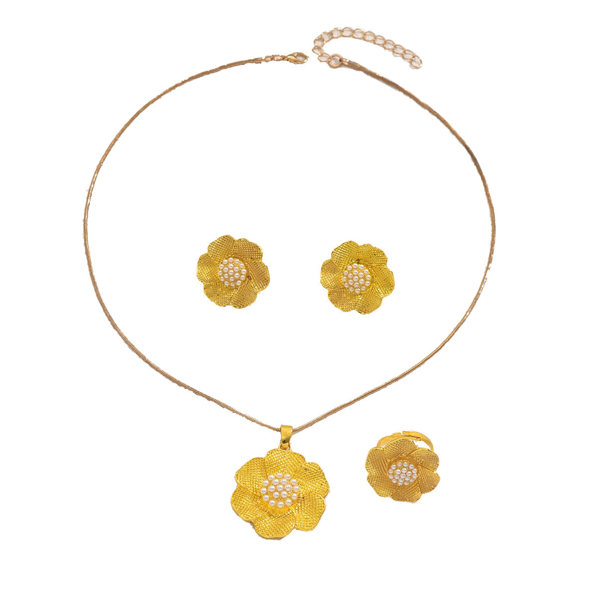 Set di collana, orecchini e anello in lega con motivi floreali geometrici da donna, con intarsi in perle e design a fascia aperta