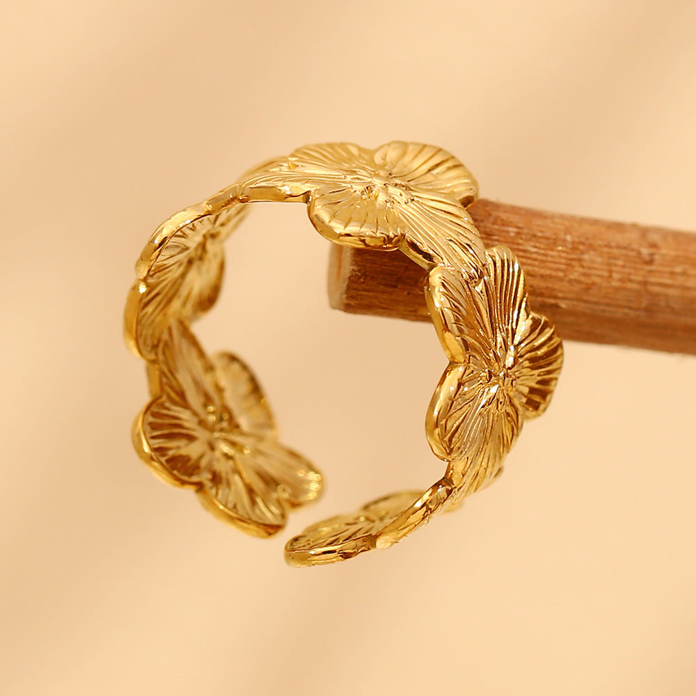 Vintage-Inspired Floral Open Ring for Women in Stainless Steel with 18K Gold Plating