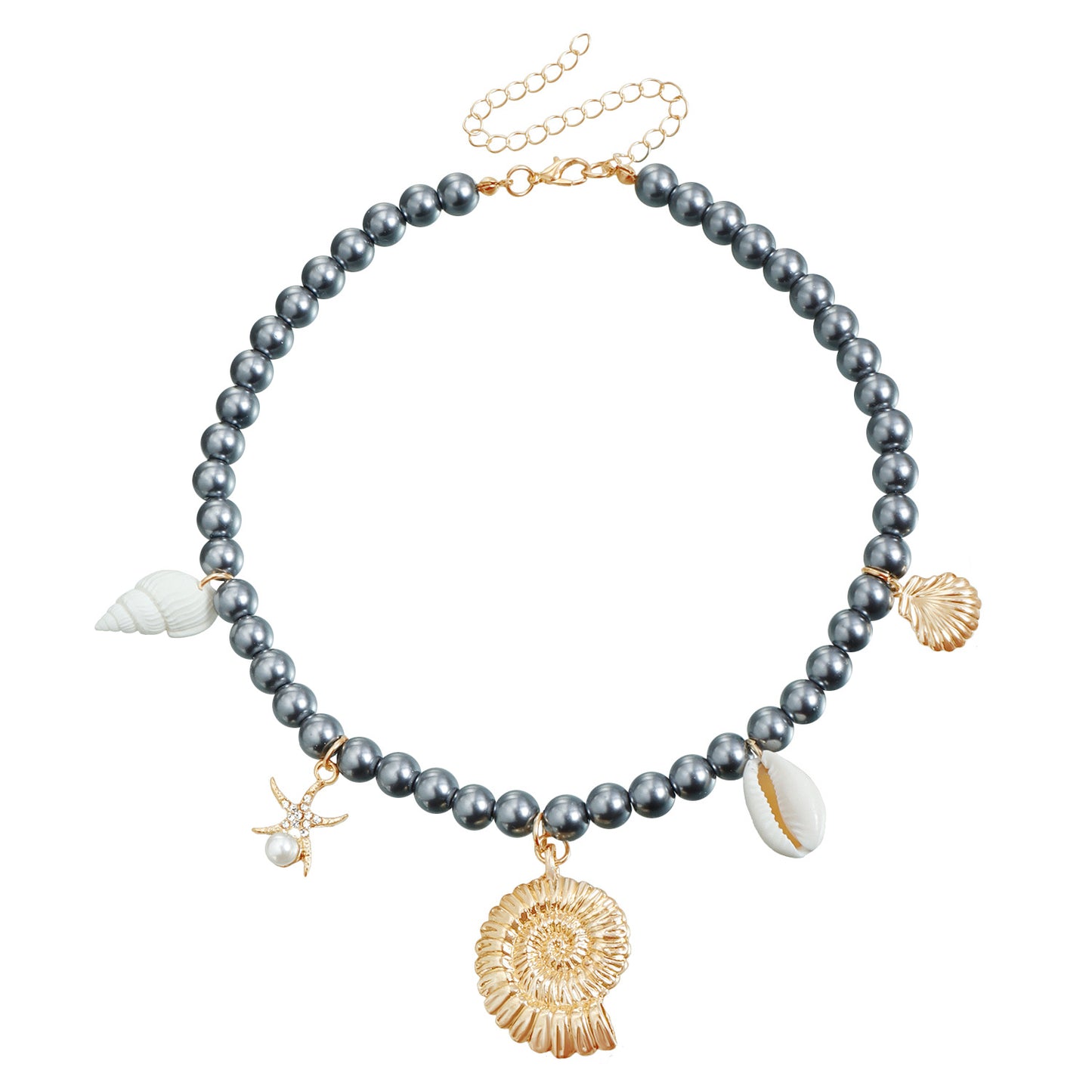 Summer Beach Casual Starfish and Seashell Pendant Necklace for Women with Glass Beads and Geometric Heart Design on Clavicle Chain