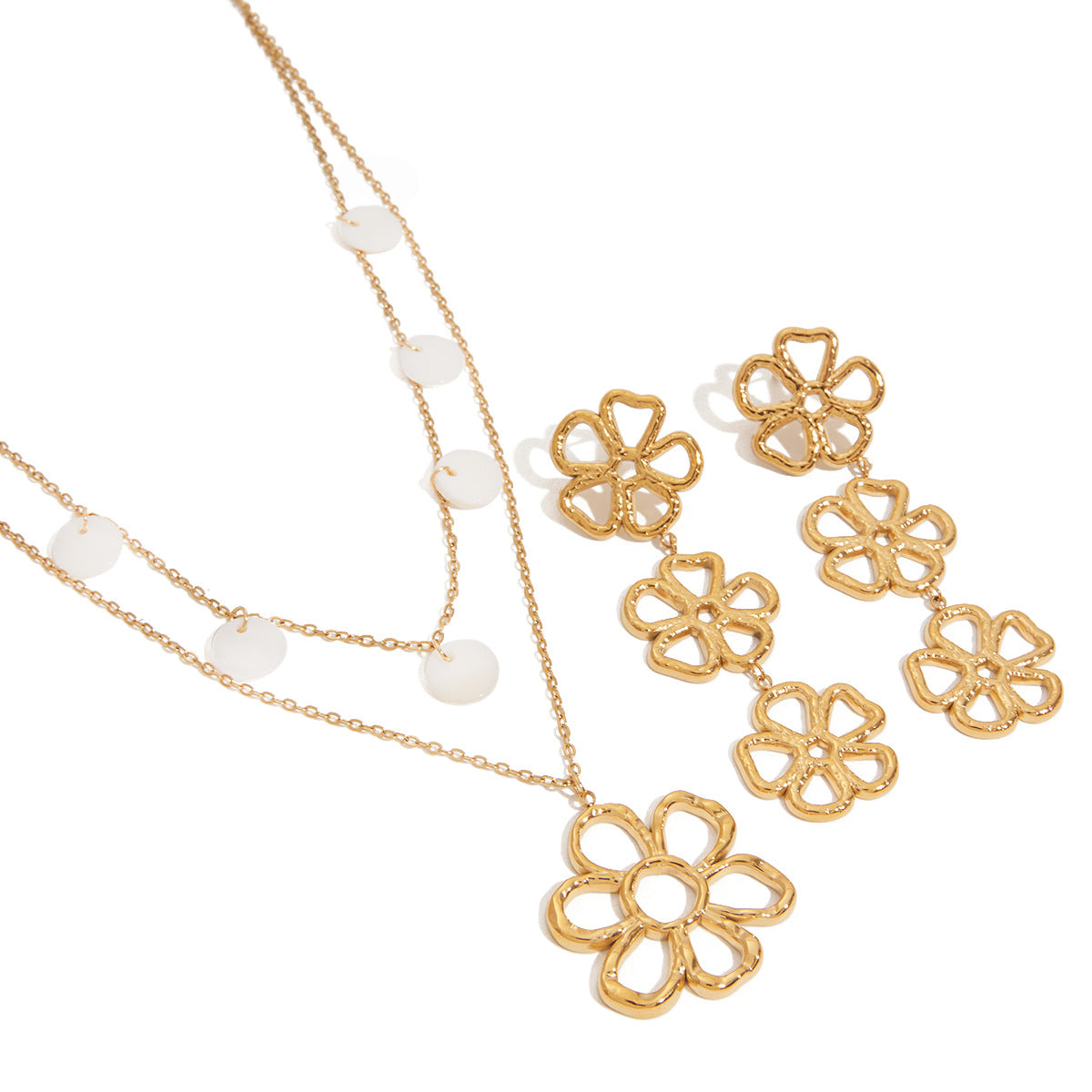 Minimalist Elegant Floral Titanium Steel Plated Necklace and Earring Set for Women