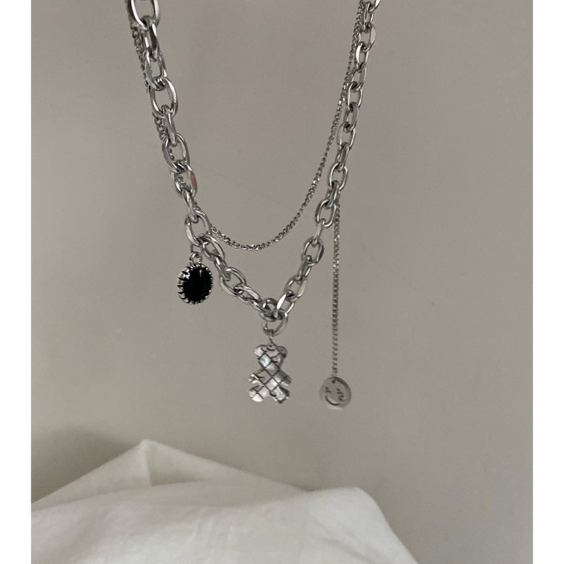 Collar minimalista de doble capa de acero titanio pulido con diseño de oso y cadena tipo cuchilla para mujer y hombre
