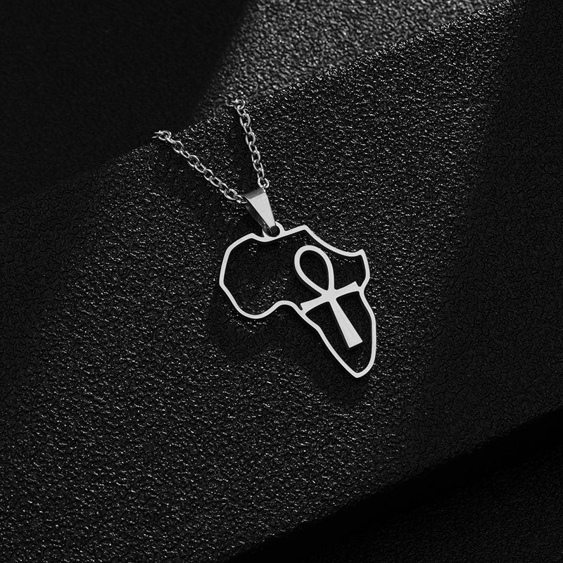 Collana con ciondolo a croce geometrico a mappa africana in acciaio inossidabile con ciondolo in acciaio al titanio e finitura galvanizzata