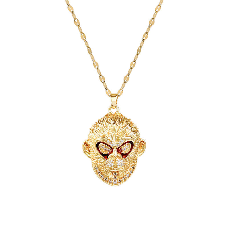 Cartoon Style Moon-Shaped Geometric Pendant Necklace for Women and Men in Titanium Steel with Rhinestone Inlay and Delicate Clavicle Chain