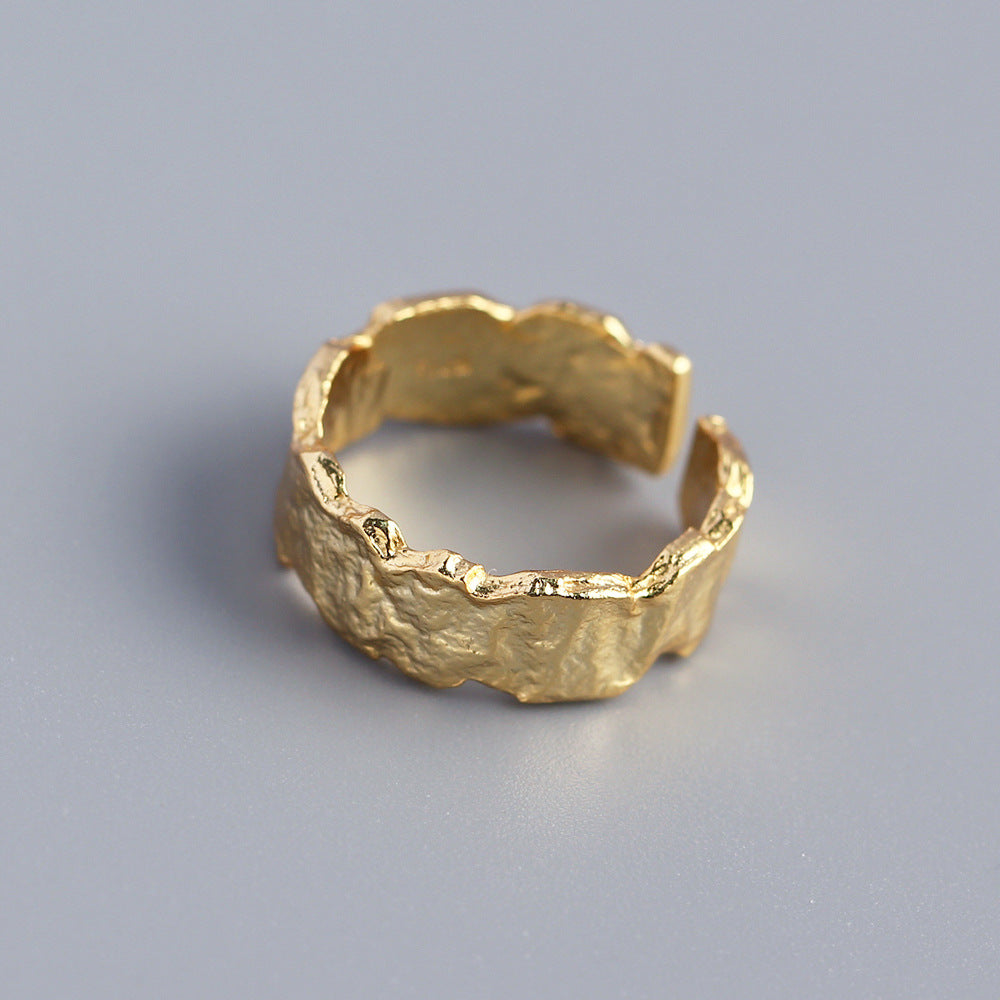 925 Sterling Silver Gold Plated Irregular Foil Texture Ring for Women