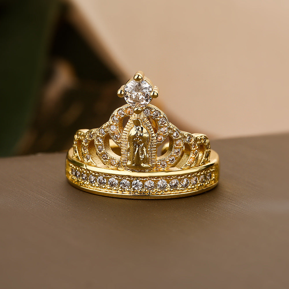 Minimalist Geometric Crown Maria Open Ring for Women in Brass with Real Gold Plating and Micro-Paved Zirconia