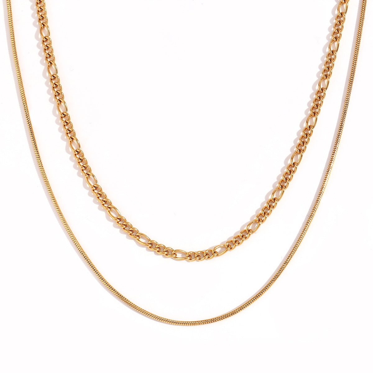 Minimalist Geometric Stainless Steel Plated 18K Gold Double-Layer Figaro Chain Necklace for Women