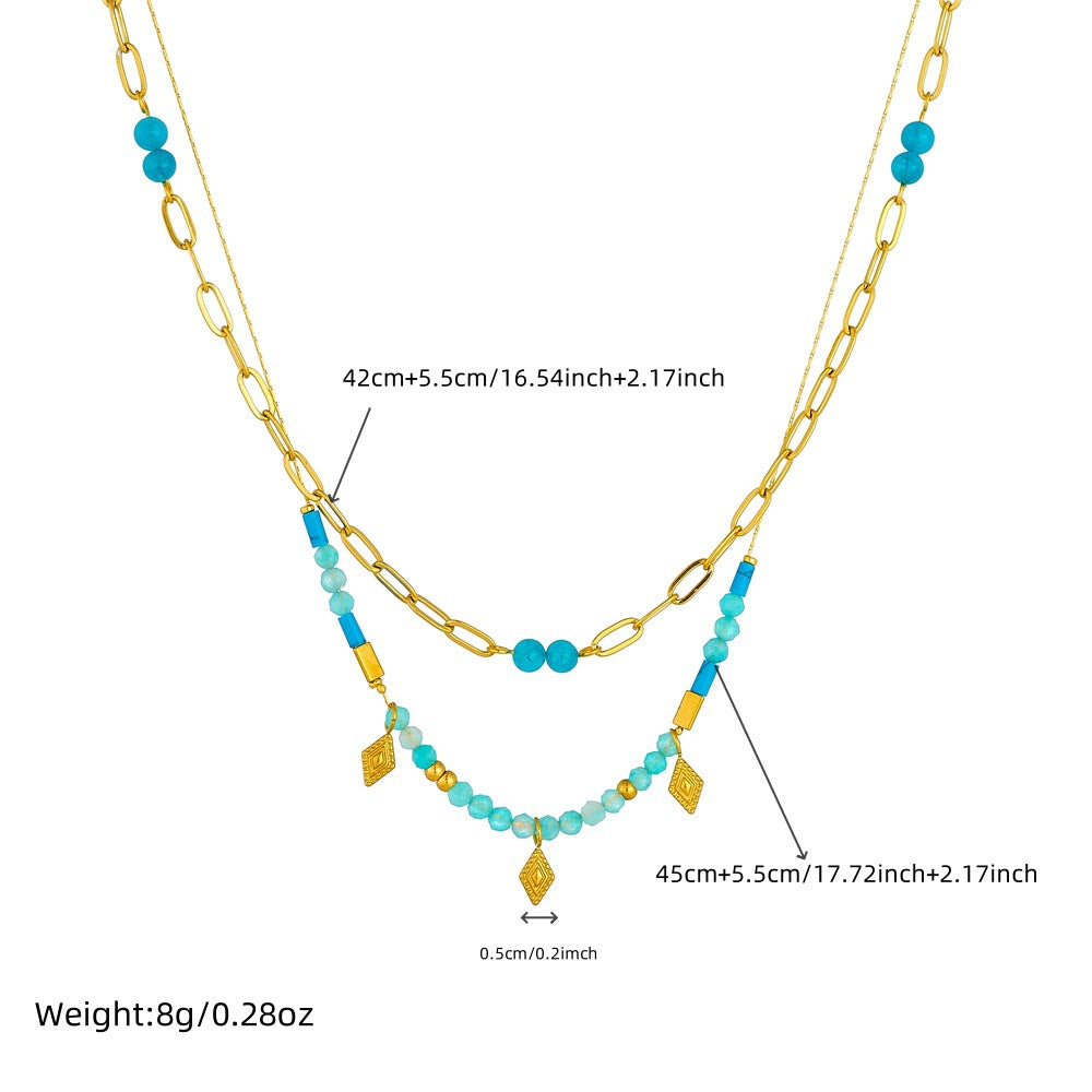 Vintage South Asian Style Blue Beaded Layered Rhombus Pendant Stainless Steel O-Chain Necklace for Women