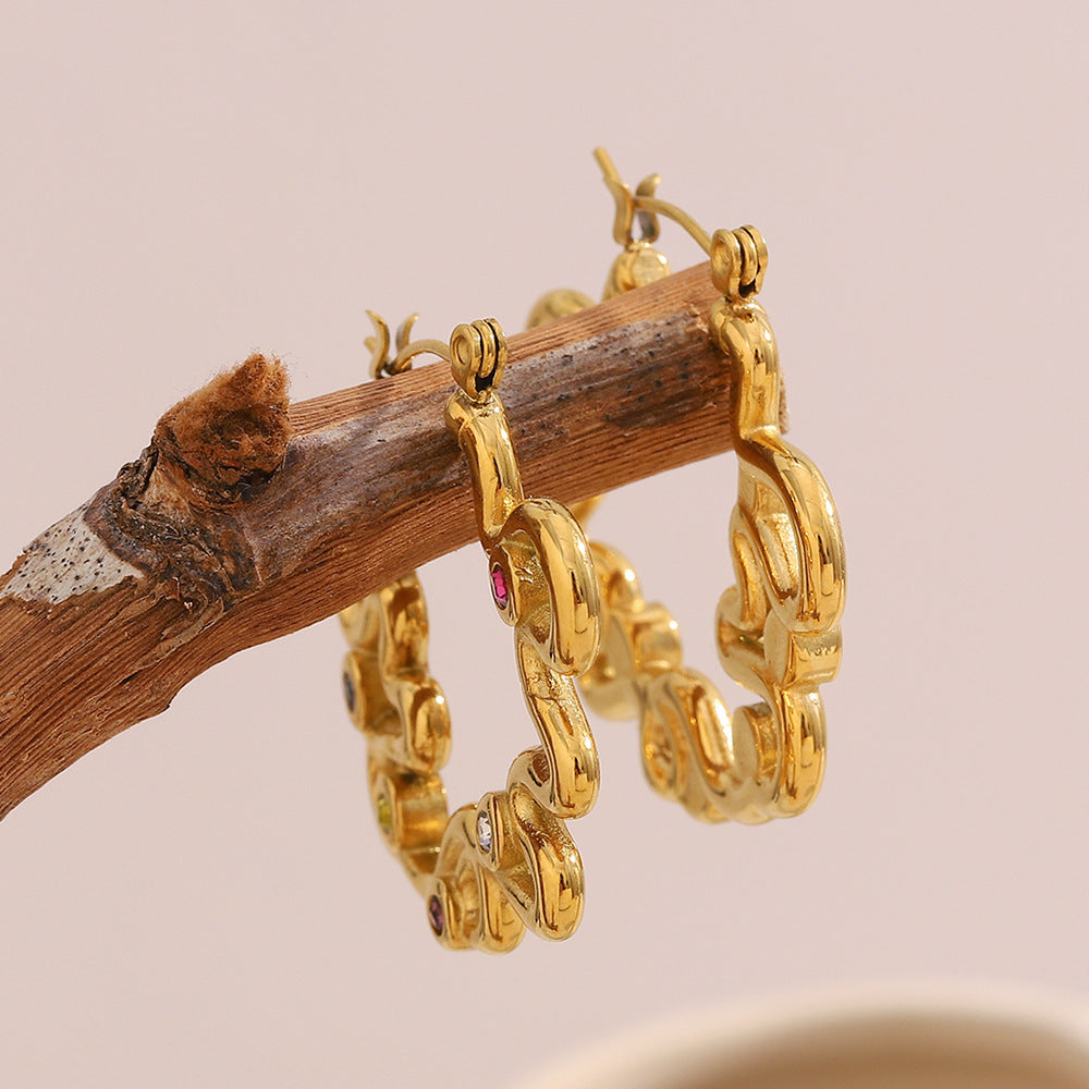 Orecchini a cerchio geometrici minimalisti in acciaio inossidabile con placcatura in oro 18K e strass colorati da donna