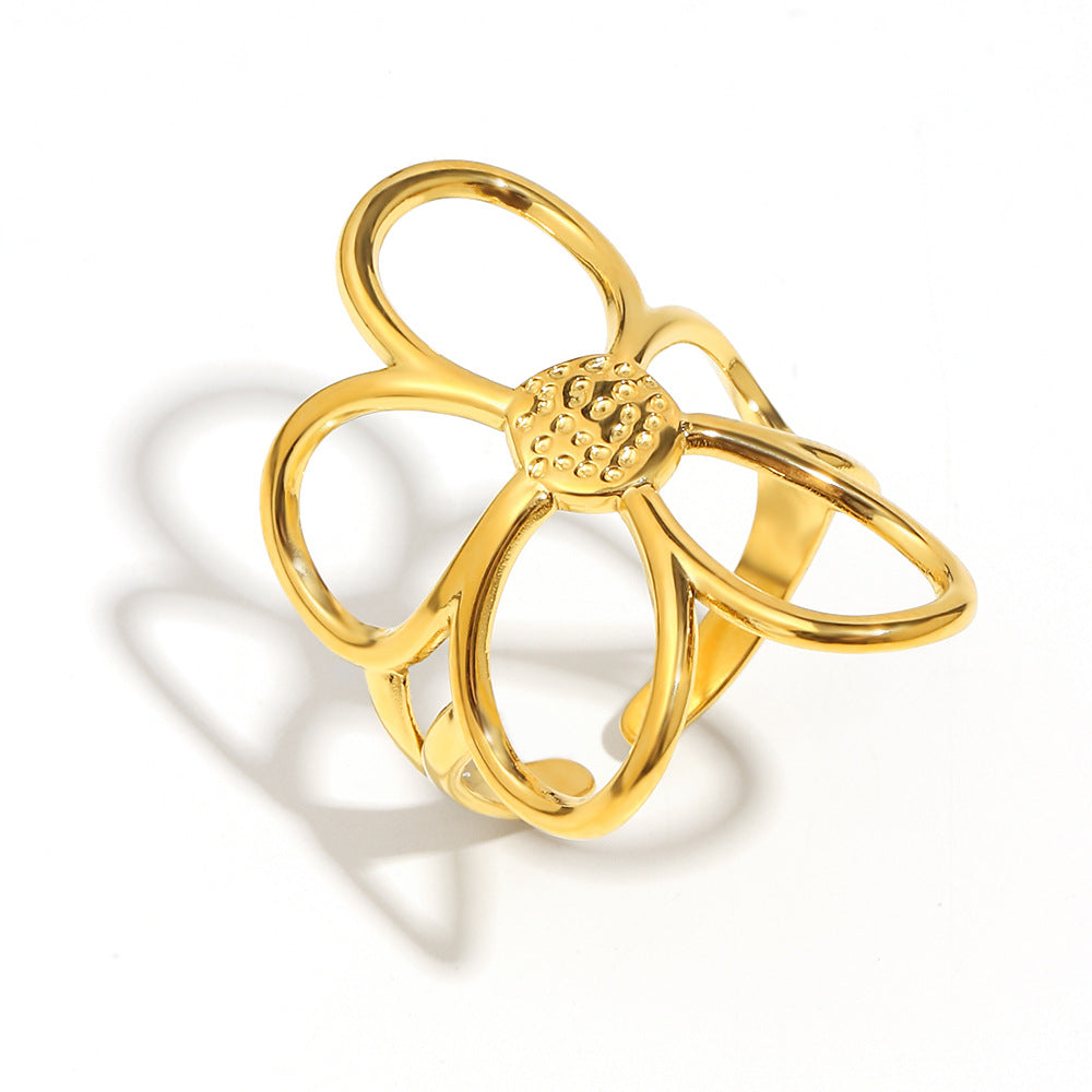 Anello aperto floreale oversize vintage in acciaio inossidabile placcato oro 18 carati da donna