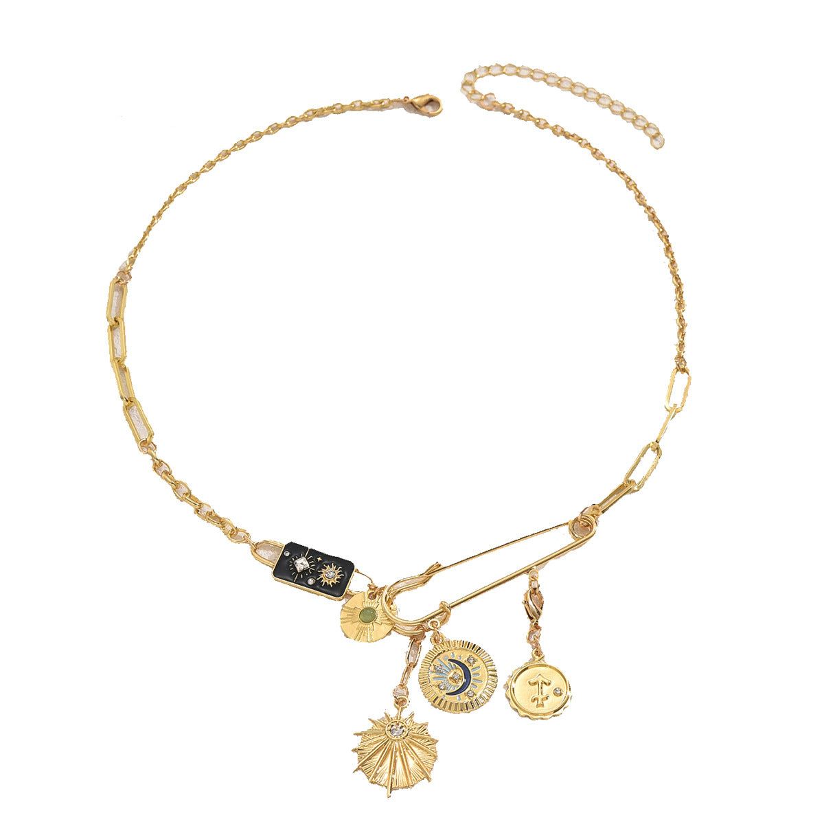 Collana con ciondolo a moneta geometrica Sole Luna da donna in lega di zinco con finitura smaltata, catena lunga alla clavicola, accessorio di moda