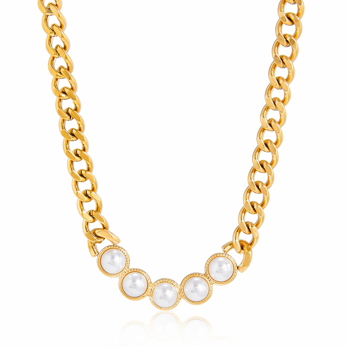 18K Gold Plated Titanium Steel Geometric Round Pearl Resin Pendant Necklace for Women