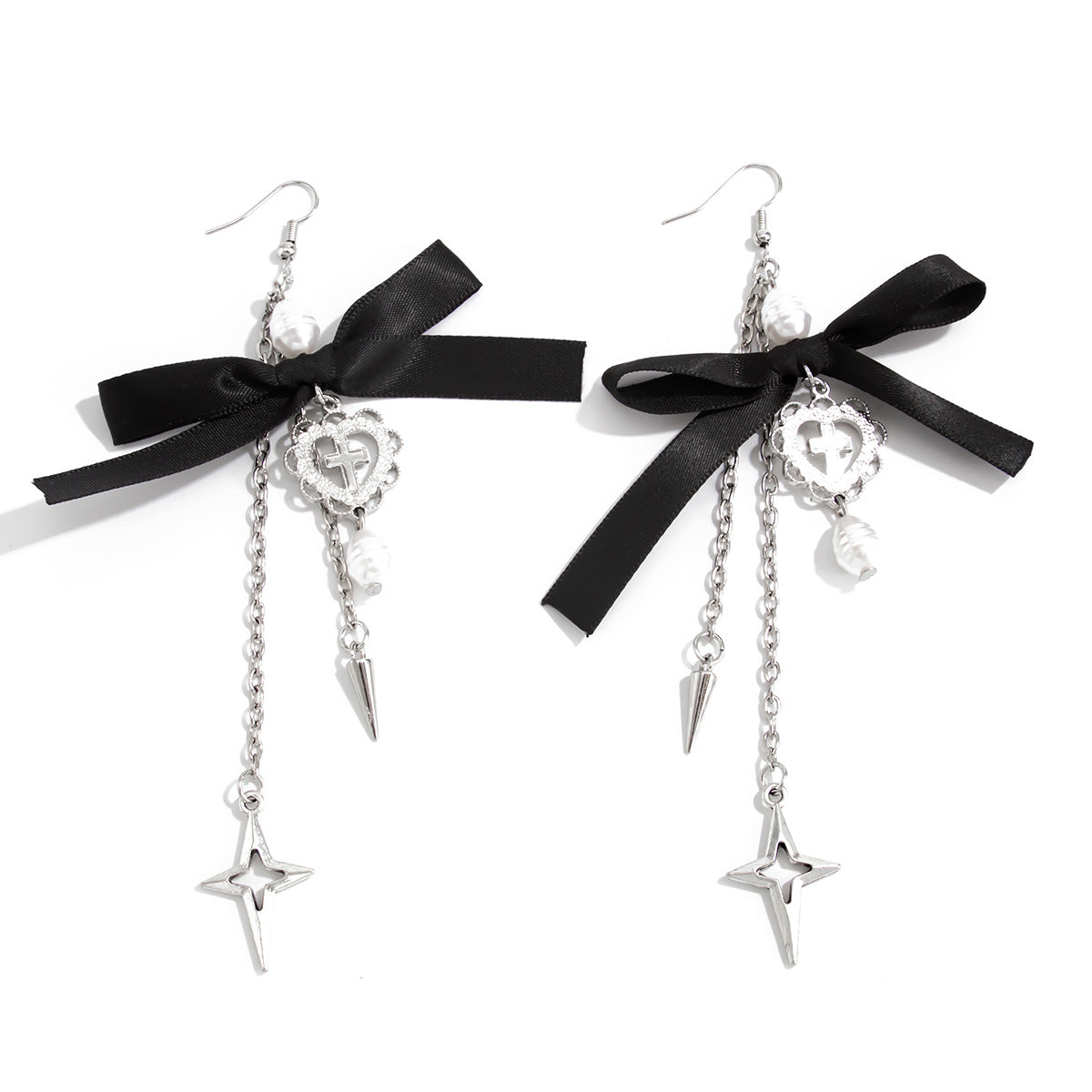 Gothic Lolita Style Heart and Bow Shaped Earrings with Pearlized Finish and Long Tassel Dangle