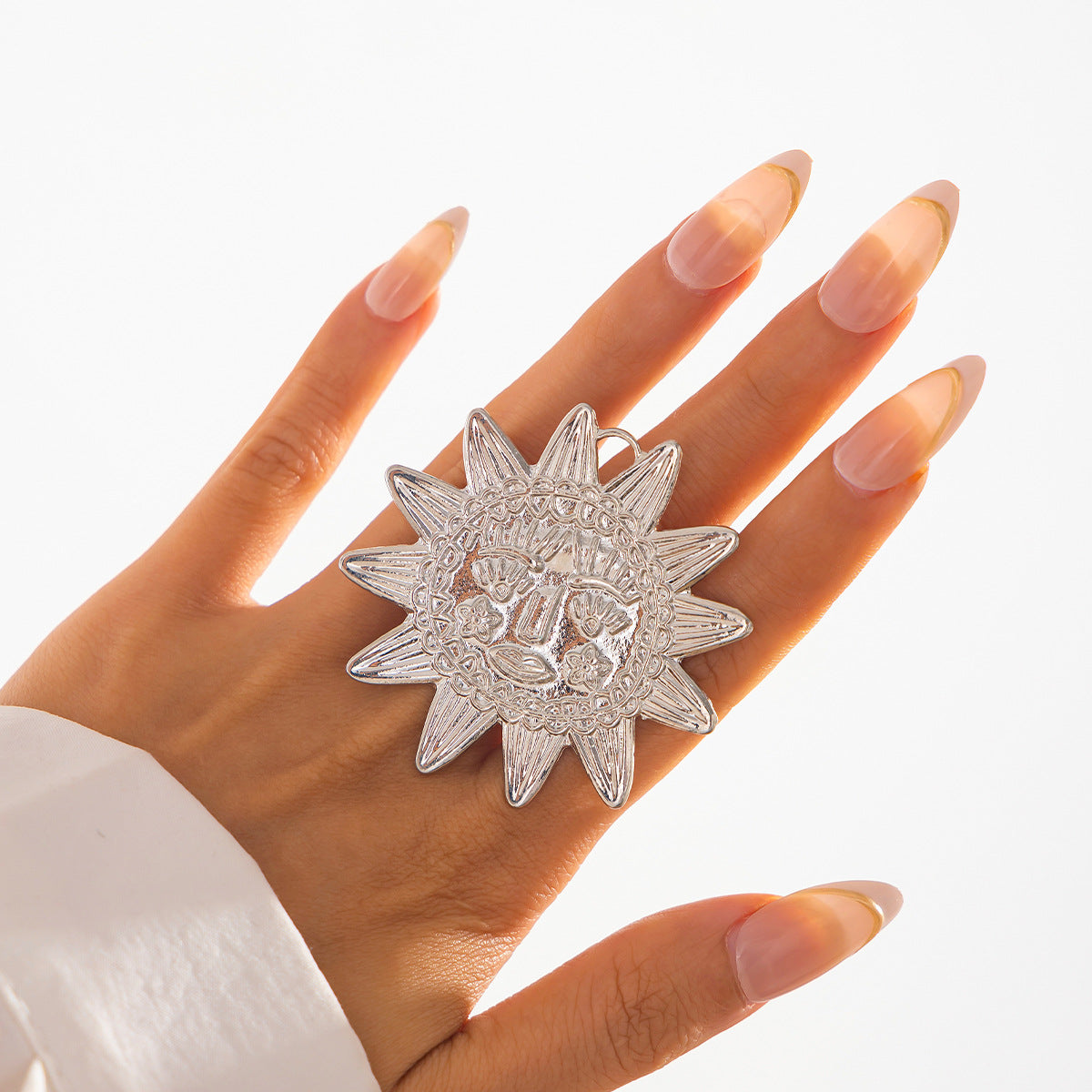 Anello aperto in lega minimalista a forma di girasole da donna con perle finte e motivo a foglia
