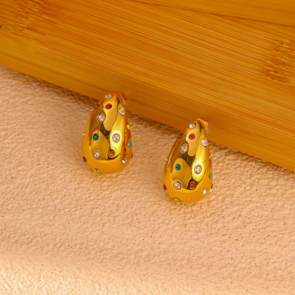 Pendientes de acero inoxidable con forma de gota de agua, incrustaciones de circonio y chapado en oro para mujer