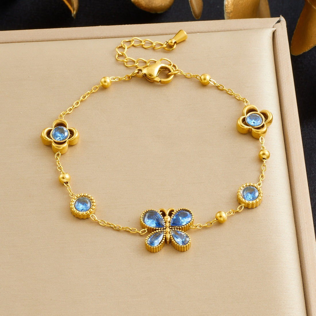 Gold Plated Stainless Steel Round Butterfly Flower Rhinestone Pendant Bracelet for Women