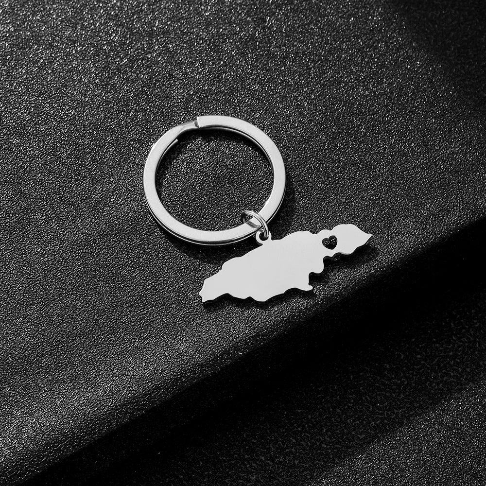 Llavero con colgante de mapa de Jamaica y ciudad estilo étnico en acero de titanio para hombres y mujeres