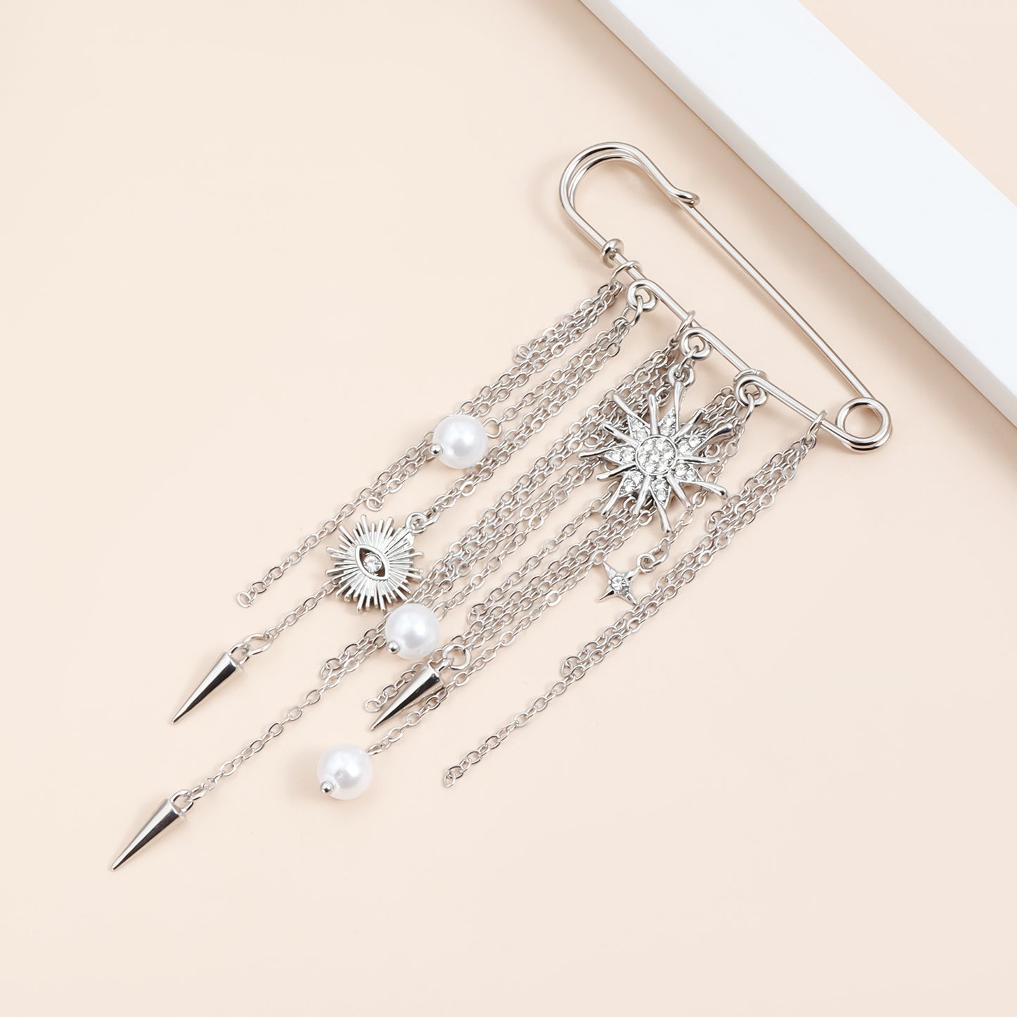 Elegant Geometric Alloy Plated Brooch with Tassel, Pearl and Rhestone Sun Eye Design