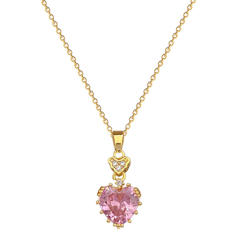 Pink Heart Rhinestone Luxury Titanium Steel Clavicle Necklace