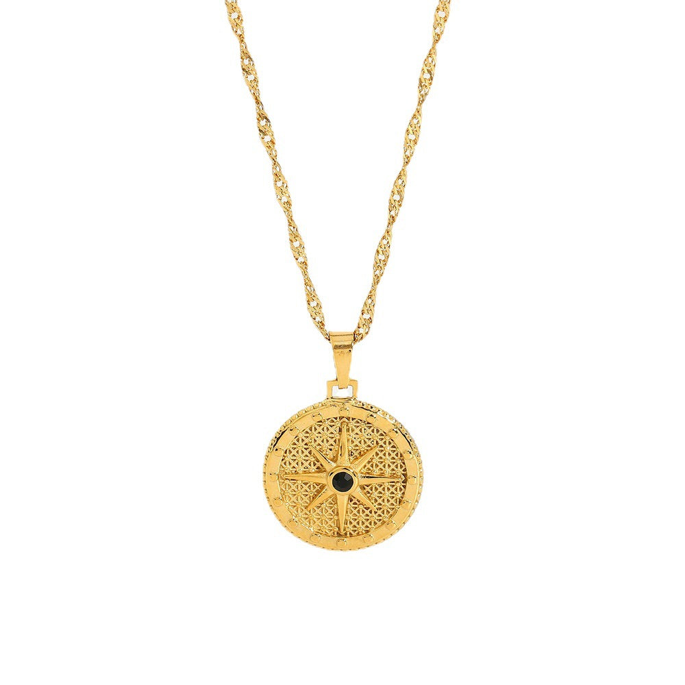 Geometric Round Eight-Pointed Star Pendant Necklace in Stainless Steel with Black Rhinestone Inlay and Electroplated Finish for Men and Women
