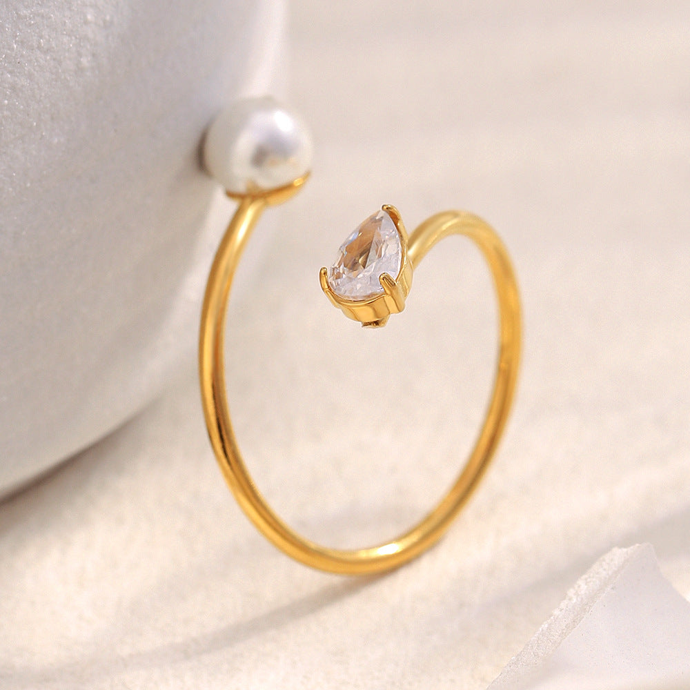 Minimalist Asymmetrical Snake Ring for Women in Stainless Steel with 18K Gold Plating Featuring Simulated Pearl and Zirconia Accents
