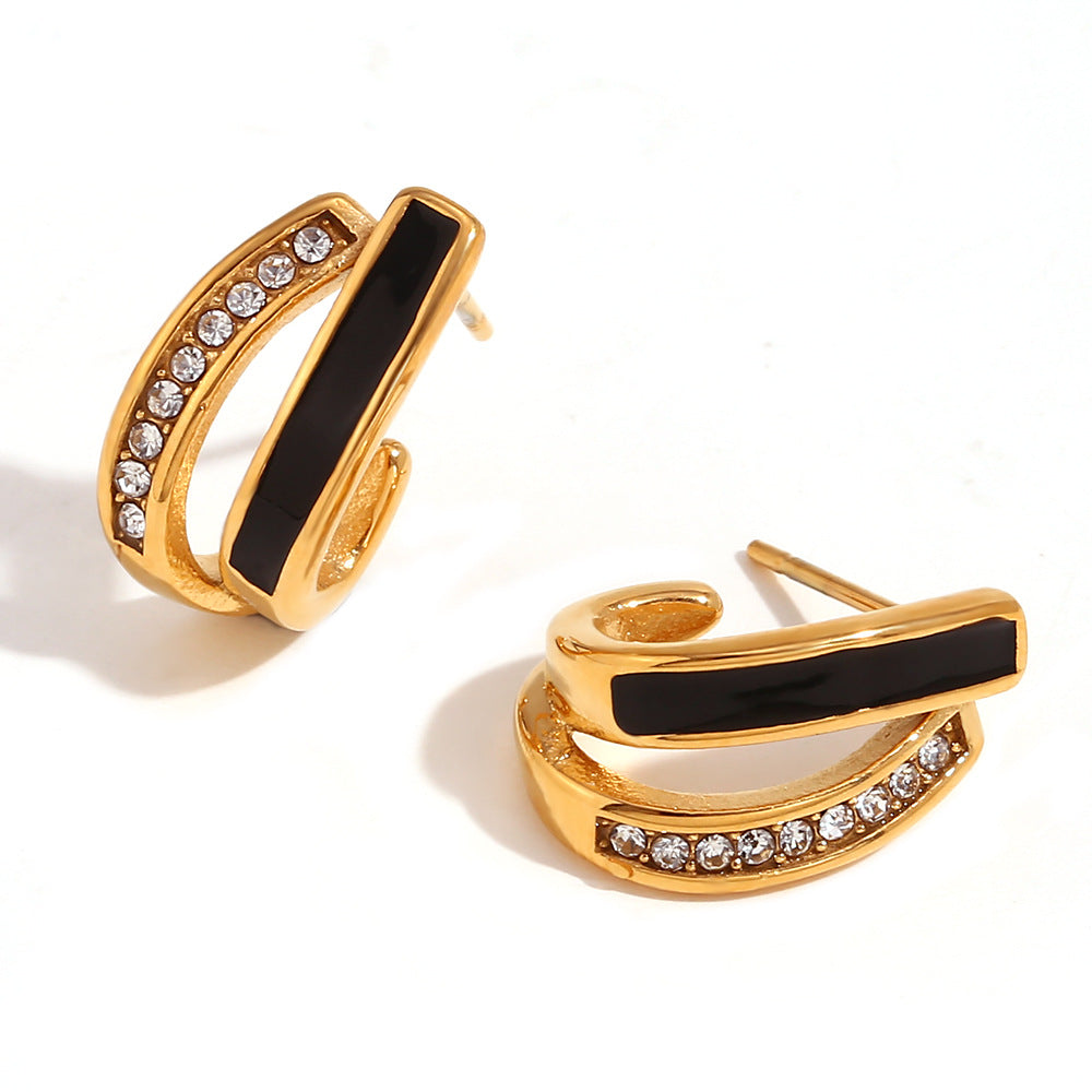 Orecchini Eleganti a U in Acciaio al Titanio con Finitura Geometrica, Placcatura in Oro 18K e Smalto, Stile Ufficio