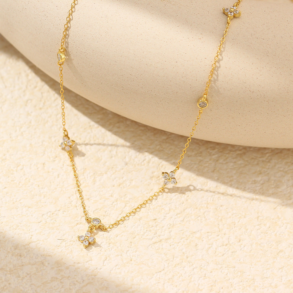 Sweet Streetwear 925 Sterling Silver Floral Rhinestone Inlay Necklace with Curb Chain for Women