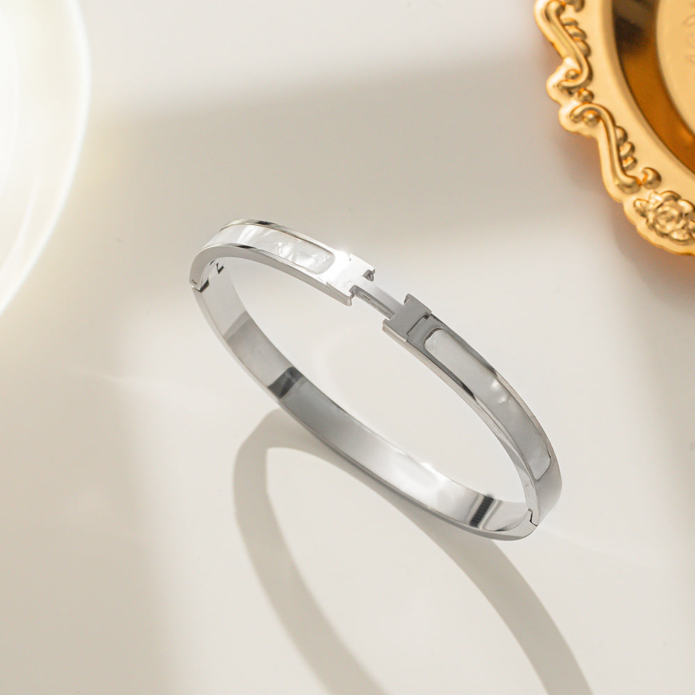Minimalist H-Shaped Titanium Steel Bracelet for Women with Inlay Detailing, Fashionable and Trendy Hand Jewelry