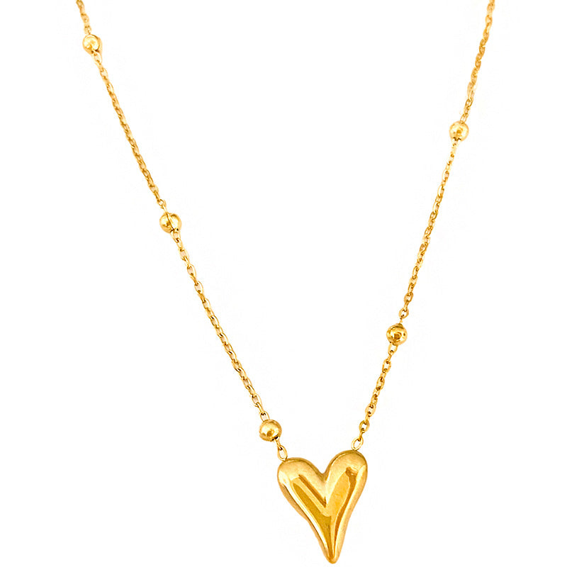 Minimalist Titanium Steel Heart Pendant Necklace with Beads