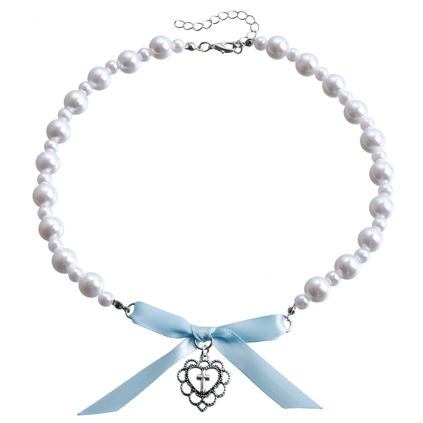 Collana con pendente a cuore romantico e croce con perline acriliche e fiocco in nastro di raso, lega placcata oro, catena sottile, stile chic vintage