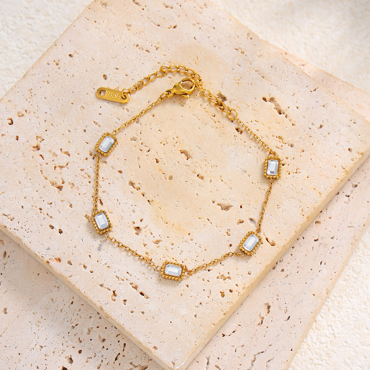 Elegant 18K Gold Plated Stainless Steel Bracelet with Cubic Zirconia Geometric Round Square Design for Women