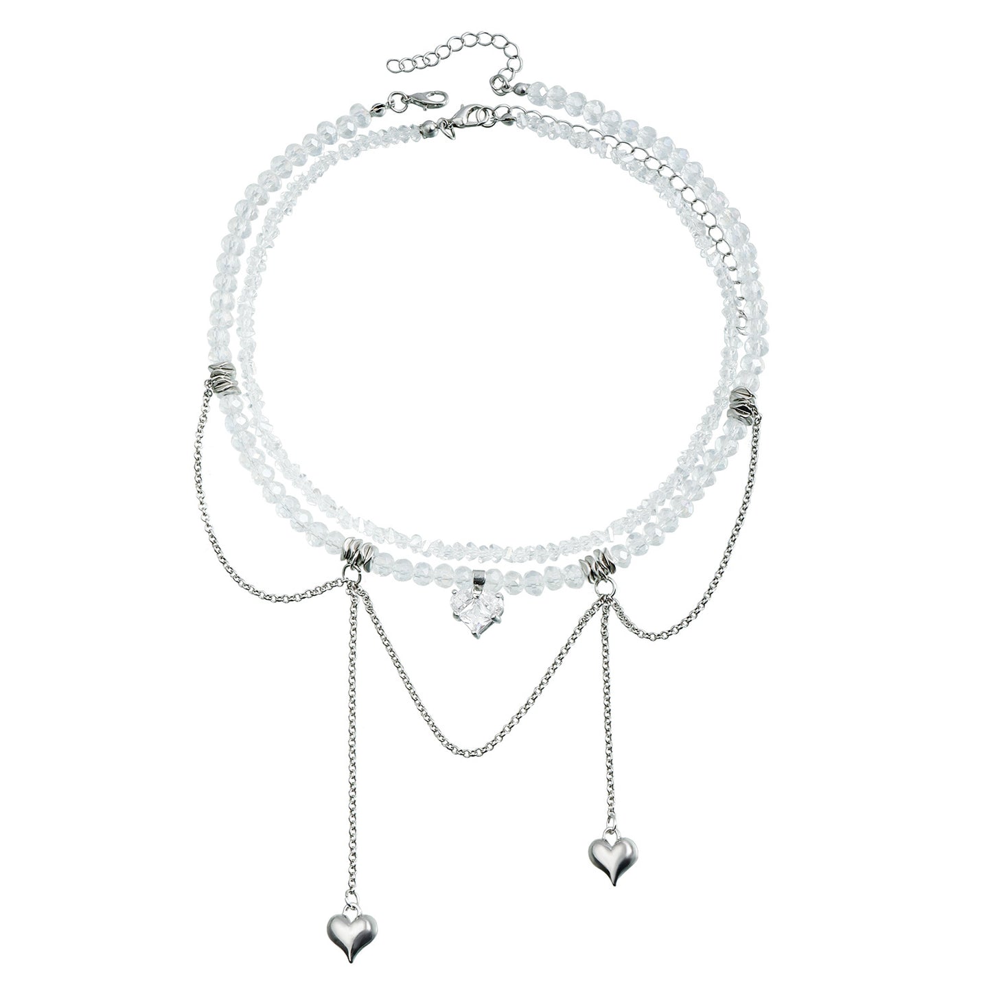 Minimalist Heart-Shaped Glass Pendant Necklace with Double Chain and Fringe Detail for Women
