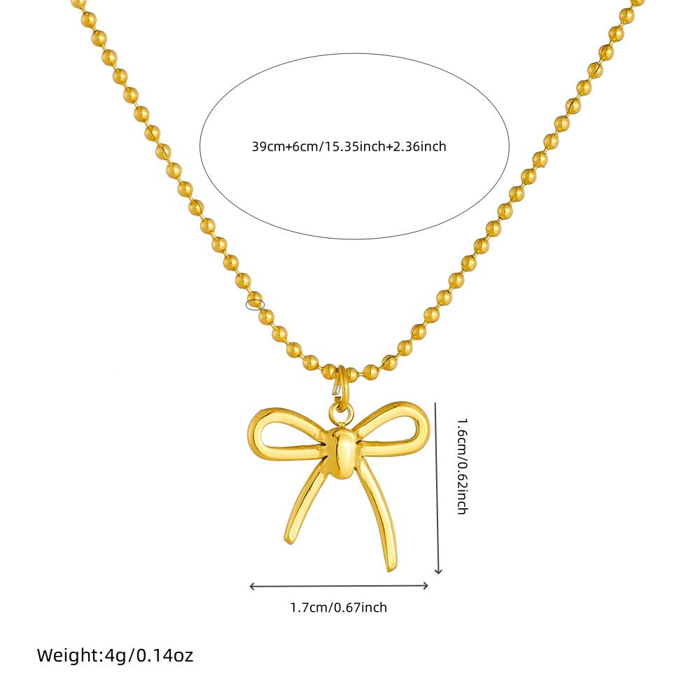 Minimalist Bow-Shaped Gold-Plated Stainless Steel Clavicle Necklace with Beaded Chain