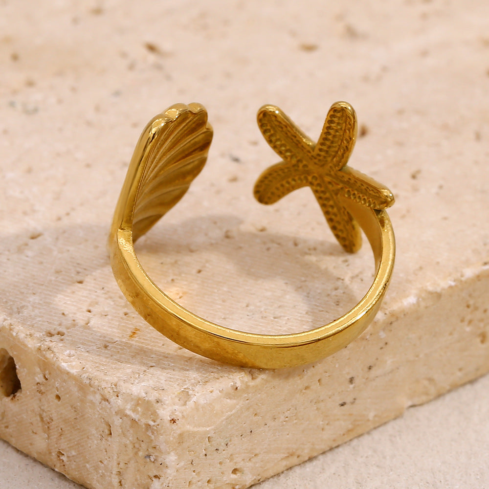 Fashion Star-Shaped Stainless Steel Ring with 18K Gold Plating for Women Ocean-Inspired Natural Design