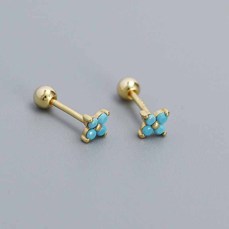 Orecchino a perno filettato da donna minimalista in argento sterling 925 con intarsi floreali e zirconi cubici