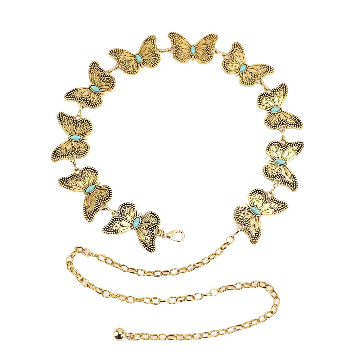 Bohemian Elegant Gold Plated Butterfly Inlaid Turquoise Waist Chain for Women
