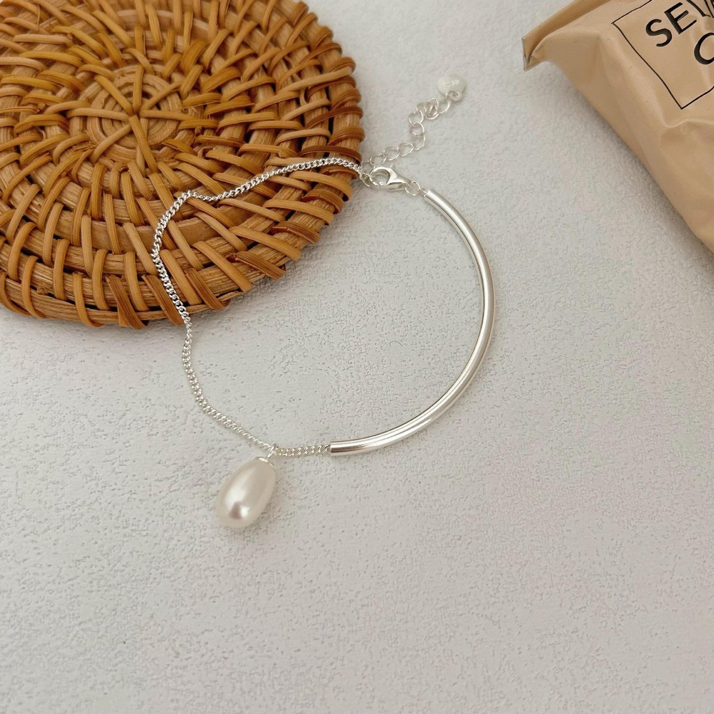 Bracciale Minimalista Geometrico con Perle in Argento Sterling S925 da Donna