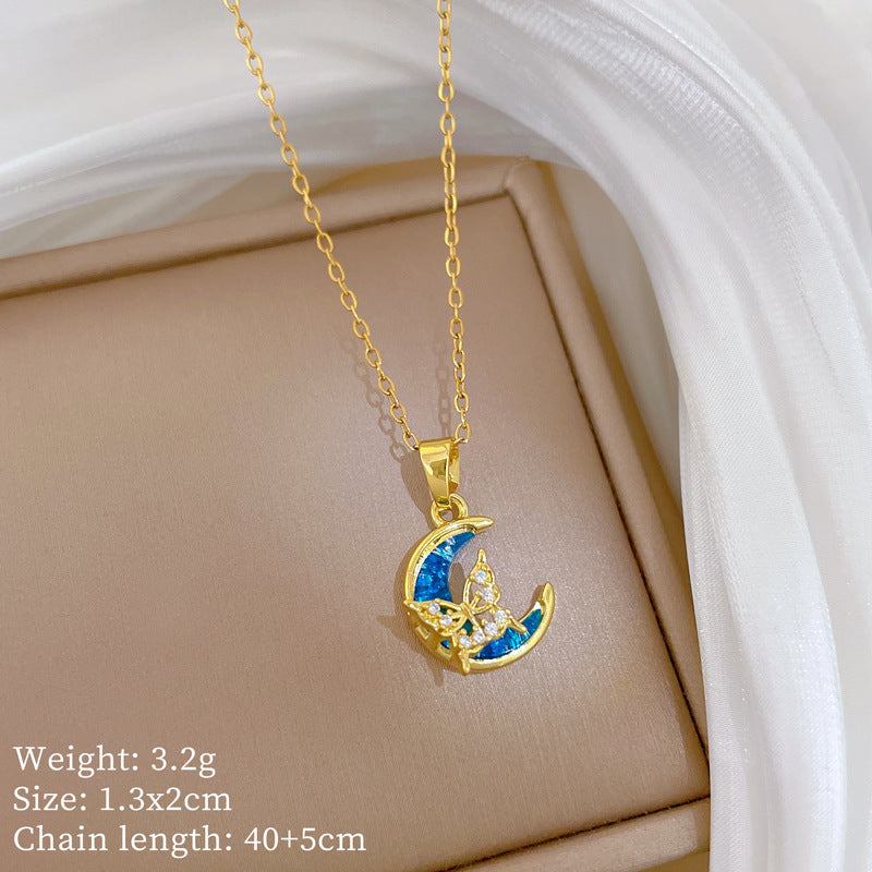 Sweet Elegant Moon Butterfly Rhinestone Shell Pendant Titanium Steel Necklace for Unisex