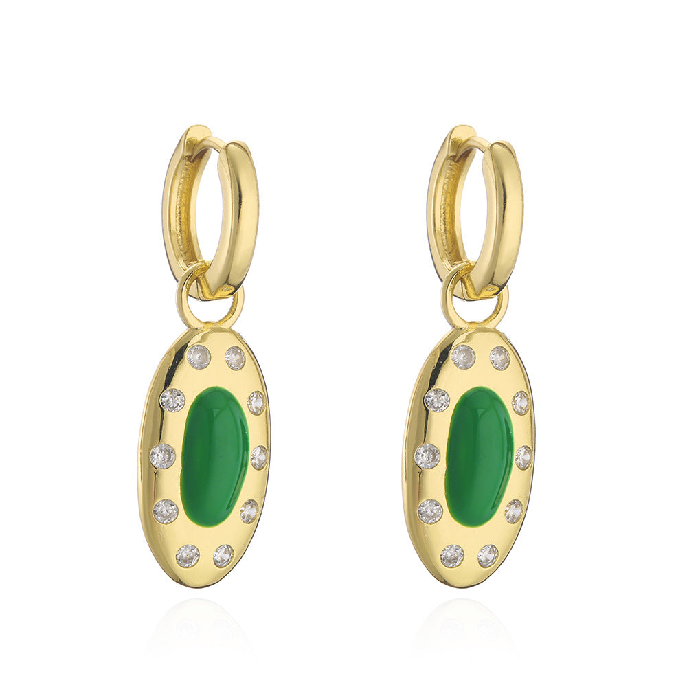 Minimalist Geometric Pendant Earrings in Copper with 18K Gold Plating and Enamel Finish, Micro-Paved Zirconia