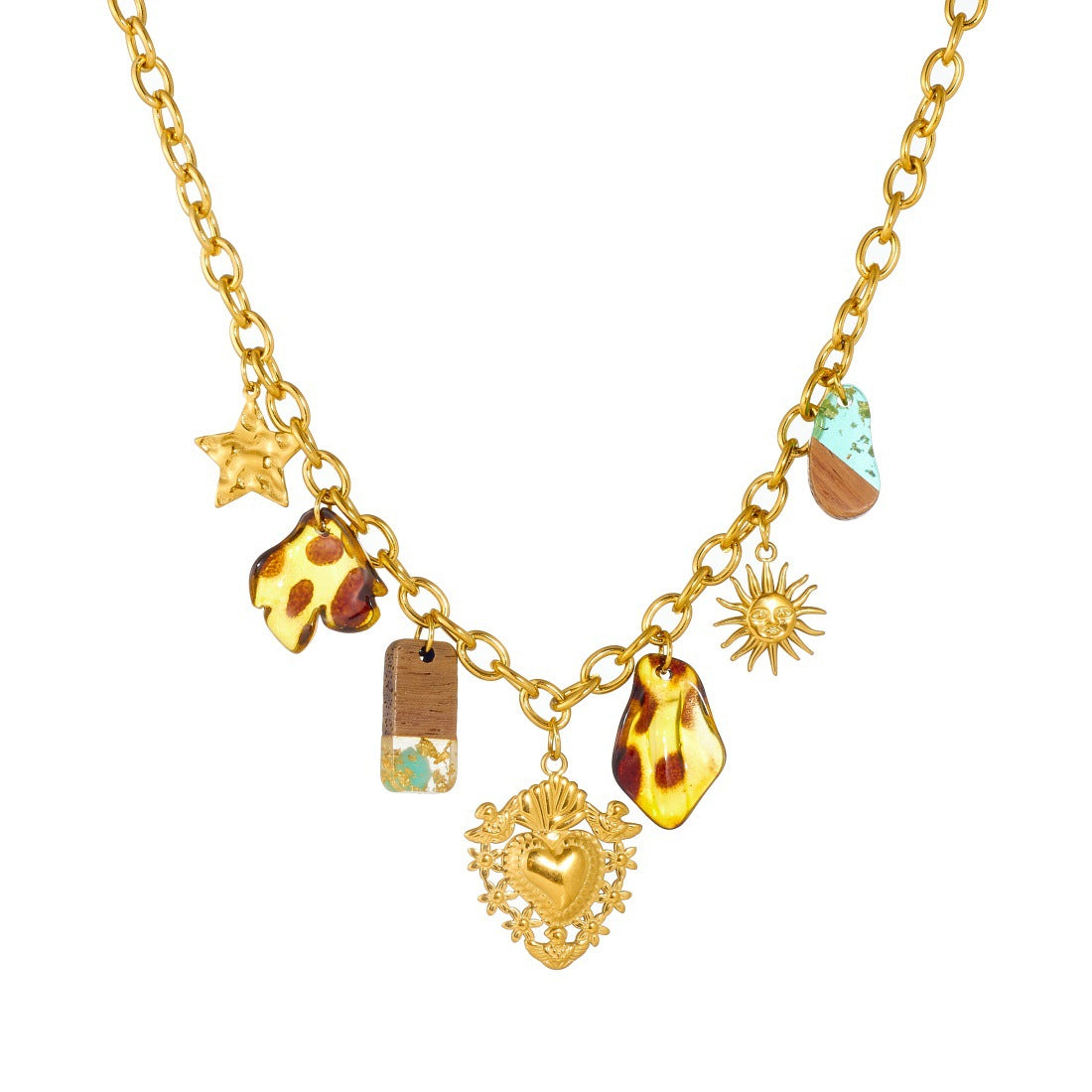 Vintage Gold Plated Heart Flower Sun Leopard Print Acrylic Stainless Steel Necklace